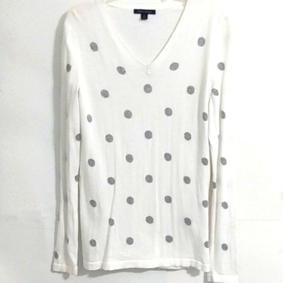 TOMMY HILFIGER WHITE & SILVER POLKA DOT LIGHTWEIGHT SWEATER SIZE SMALL PETITE - Picture 2 of 13
